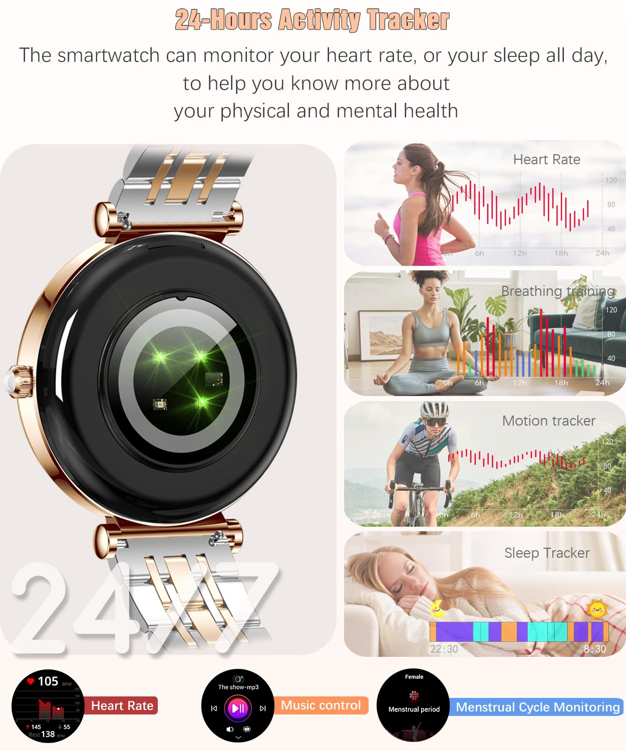 Smartwatch Damen 1,27 Zoll IP67 Wasserdicht Fitness Tracker mit Pulsmesser Schlafüberwachung Schrittzähler