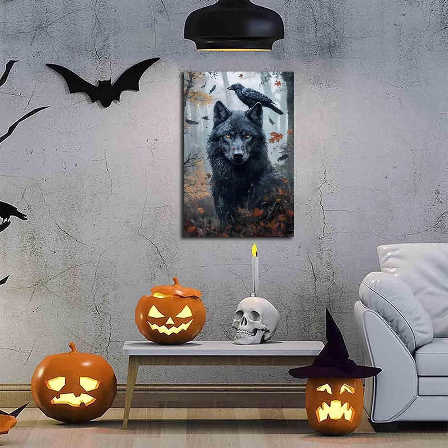 NTEUMM Wolf and Raven Art Print Dark Gothic Fantasy Mystical Dream Moody Animal Wildlife Forest Wolf Crow Canvas Poster Halloween Picture Wall Decor Canvas Roll 16x24 inch