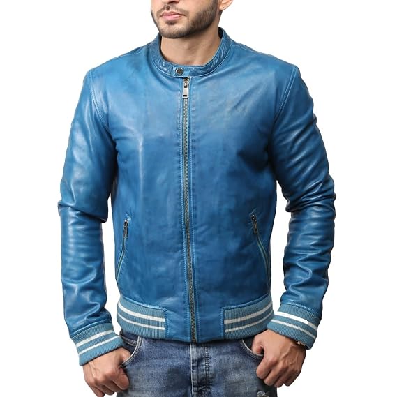 Collarless Leather Bomber Jacket 