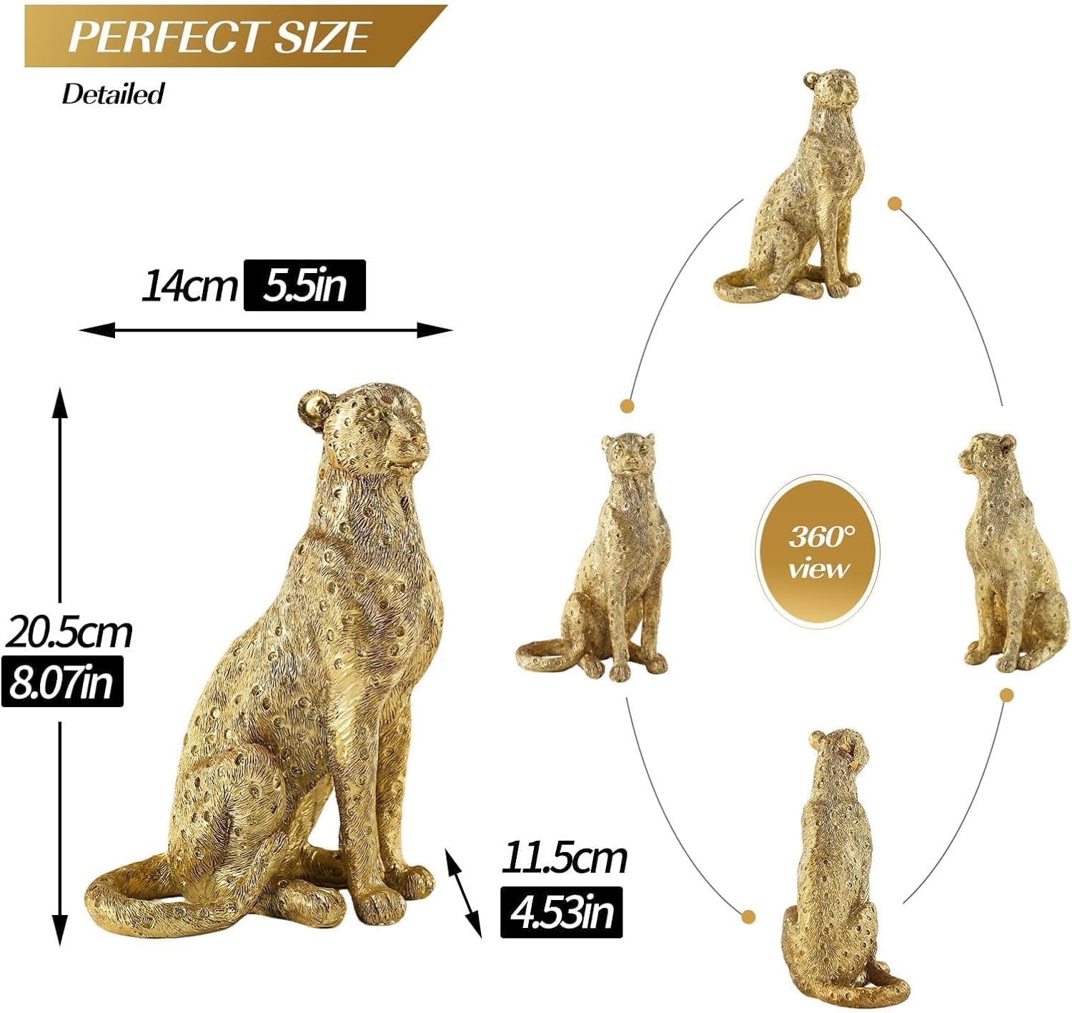 Cheetah Statue for Home Decor, 8" Resin Sitting Leopard Sculpture, Gold Desktop Decoration for Living Room, Dining Room, Office,Shelves, Coffee Table, Tv Stand or Entry Way
