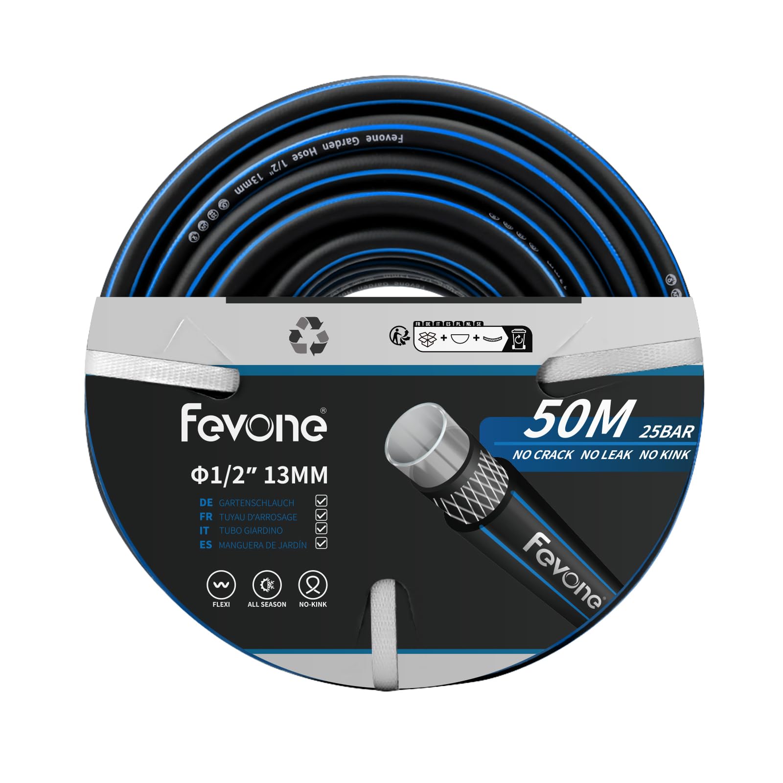Fevone Manguera jardin 50 metros 13 mm 1/2 pulgadas, 4 capas, 25 bar, resistente y duradera, para exteriores, compresor, manguera de jardín flexible, resistente,Gurable