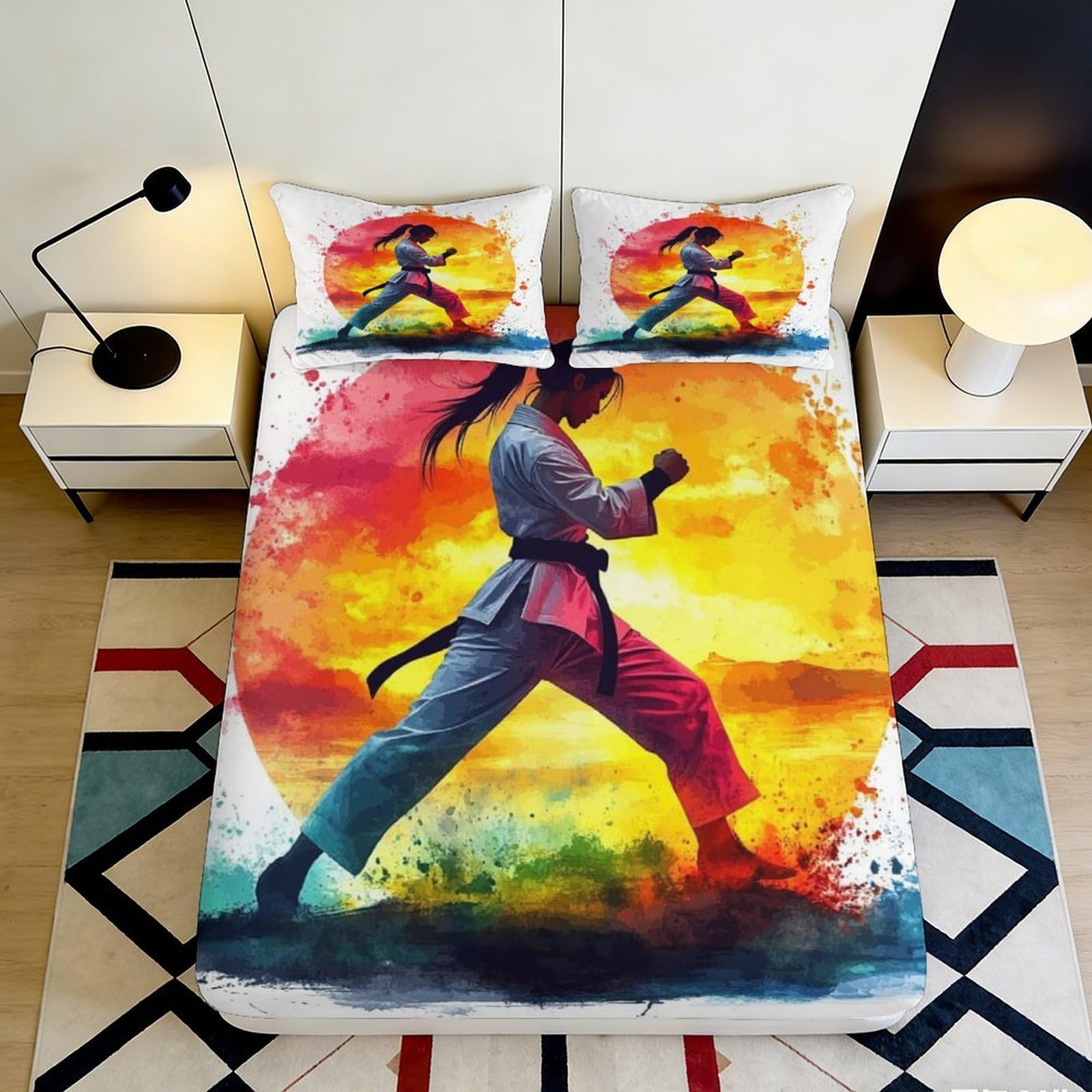 3D Printed Karate Silhouette Fitted Sheet Microfiber Vibrant Sunset Bed Cover for Bedroom Dorm Mattress Protection Decor 90x200x25cm