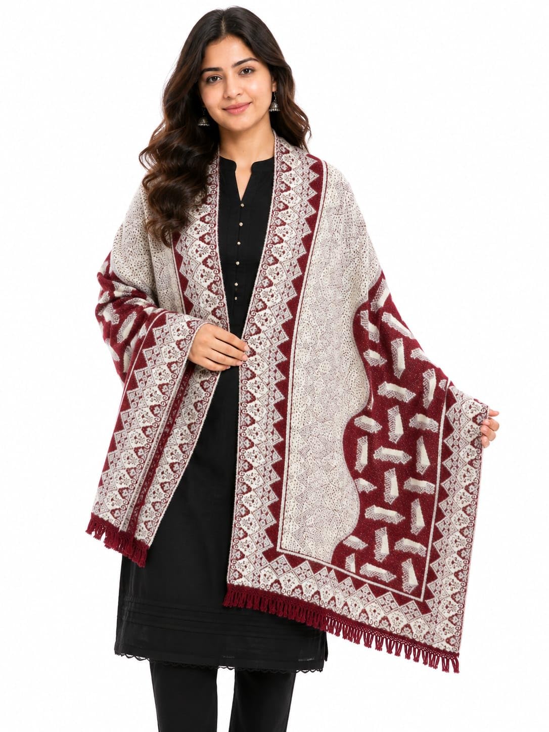 Women's Woollen Shawl, Maroon & Cream Ethnic Woven Pattern-image-43