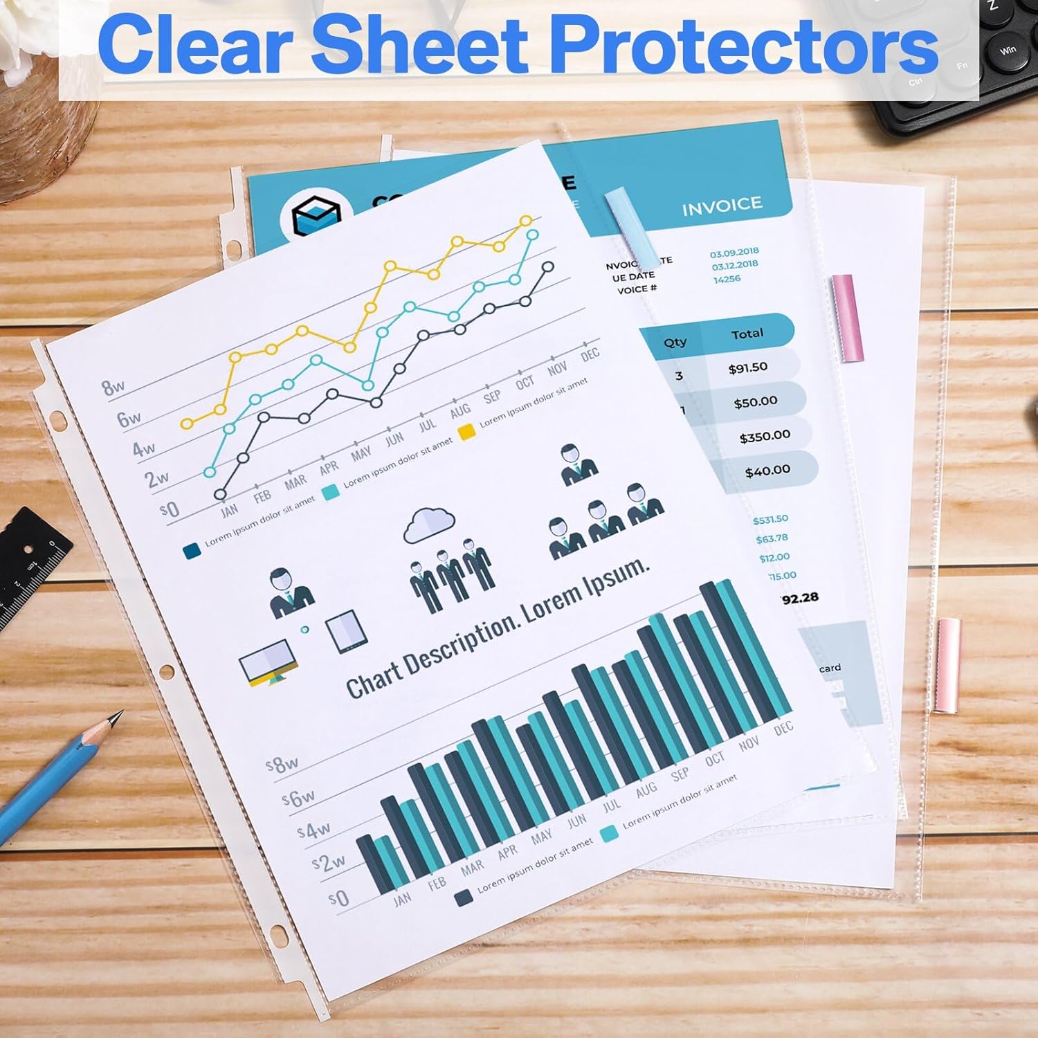 ReliThick 30 Set of 240 Pack Clear Sheet Protectors for 3 Ring Binder with 8 Tab Divider, Letter Size 8.5 x 11 Inch Plastic Sleeves Page Protector for Documents Photos School Office Home Organization