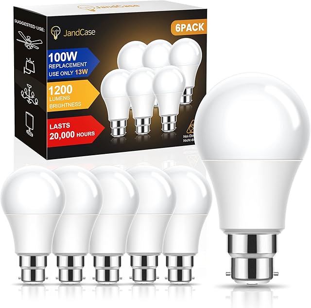 B22 Bayonet LED Light Bulb 100W Equivalent, JandCase 13W A60 Light Bulb Frosted, Ultra Bright 1200LM, Warm White 3000K, Equal to 100W Incandescent Bulb, B22 Energy Saving Bulb, Non-Dimmable, Pack of 6