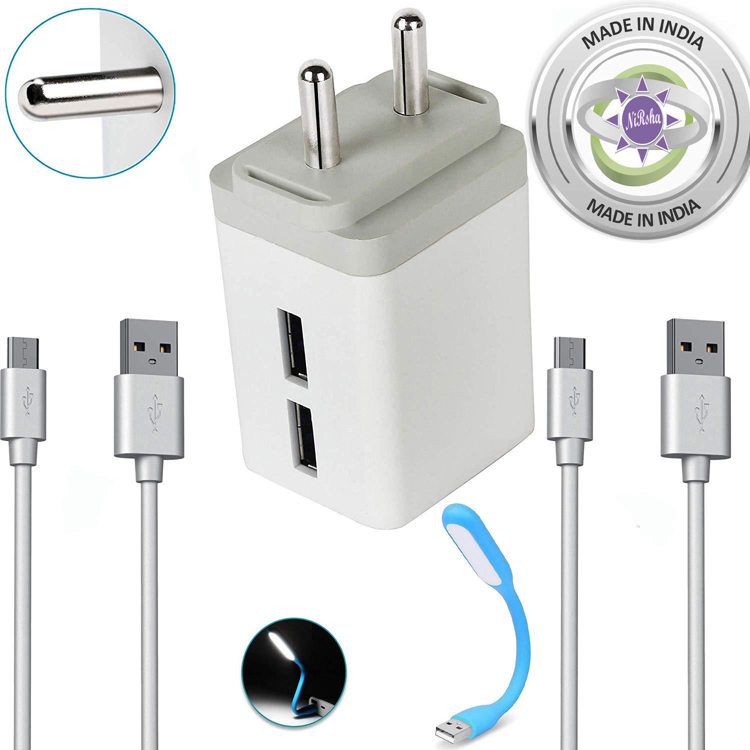 Nirsha Universal 3.1Amp Fast USB Charger Power Adapter with 2 Unbreakable Charging Cable and 1 USB Light Compatible for Xiaomi Redmi Note 3, Redmi Note 5 Pro, Redmi Note 5, Mi Note 4