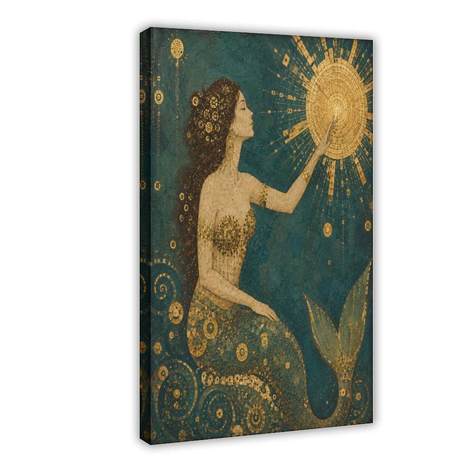 W7c8u2x3 Frame-Style-18 Mermaid Holding Sun Canvas Wall Art, Botanical Linework Studio