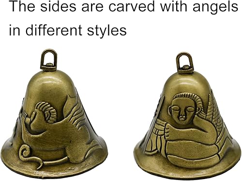 Miniatura 4 de Pinenjoy Campana de Feng Shui tallada con patrón de ángel, campana de bronce vintage de 2.6 x 2.48 pulgadas, campanilla de viento de templo para el