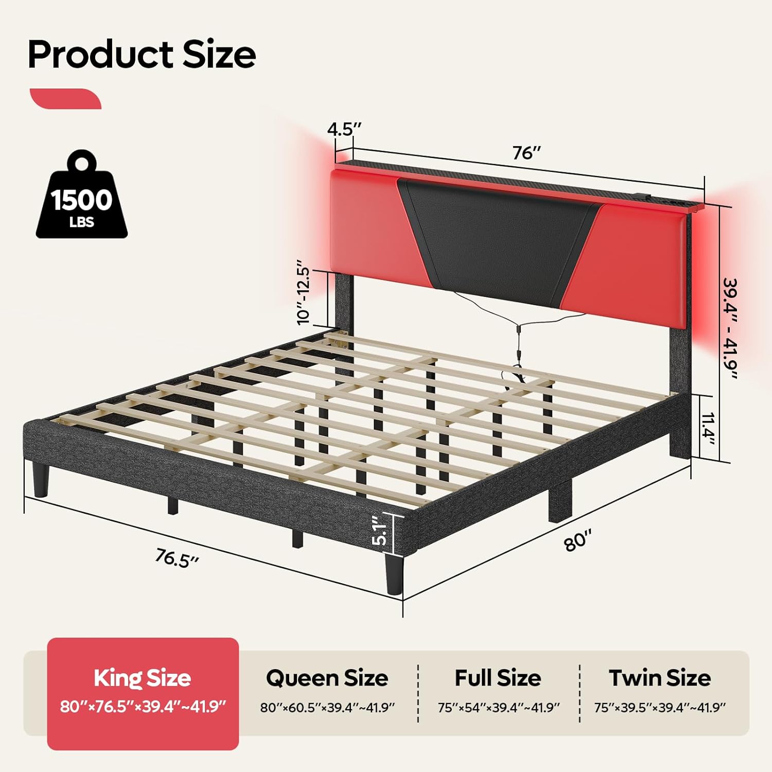 Bestier King Bed Frame with Headboard and LED Light, Faux Leather Upholstered Platform Bed with Storage Shelf, Gaming Style Bed Base, Wood Slat Support, Never Squeaks, No Box Spring(Black-Red)