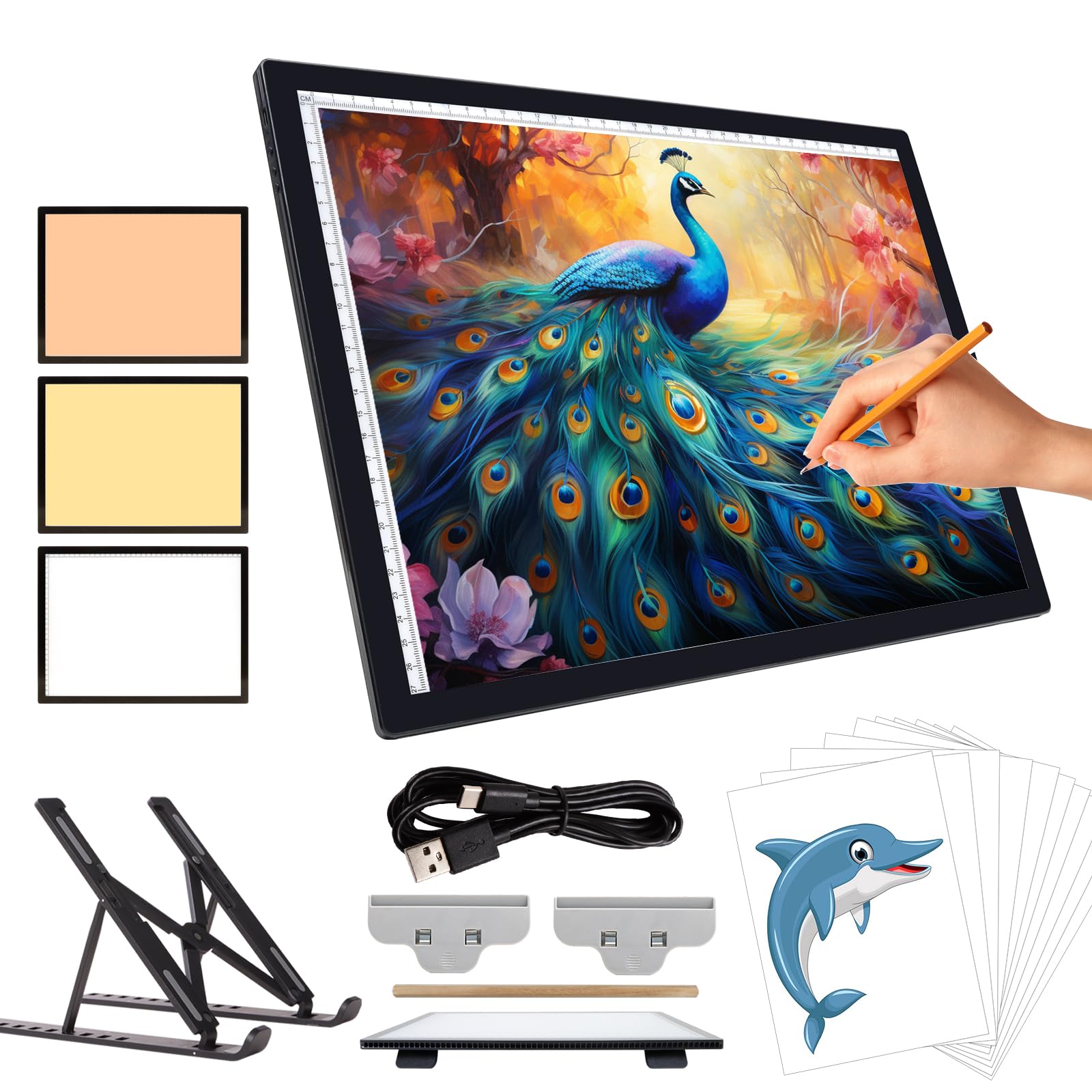 iVAOOZE Tavolo luminoso A3 con supporto/clip, batteria ricaricabile da 3000 mAh, 3 colori dimmerabili e 6 piastre luminose per disegno, Diamond Painting