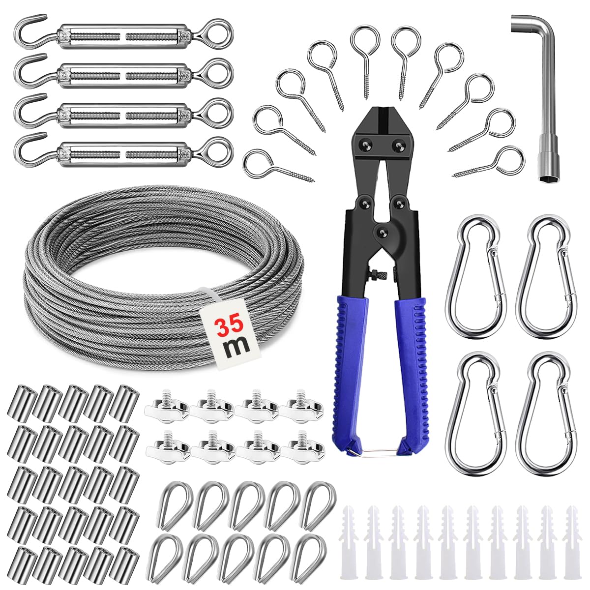 Kit de Cable de Acero Inoxidable 35m 3mm | Cable Acero Plastificado 74 Piezas con Cortador de Cable de Alambre, Tensores y Abrazaderas etc para Crear Tendederos y Vallas con Seguridad
