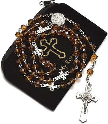 Black Beads Catholic Rosary with Crucifix Cross and Saint Benedict Medal Christian Necklaces Rosary Bead Jewelry Spiritual Beads Rosaries for Women with Velvet Bag