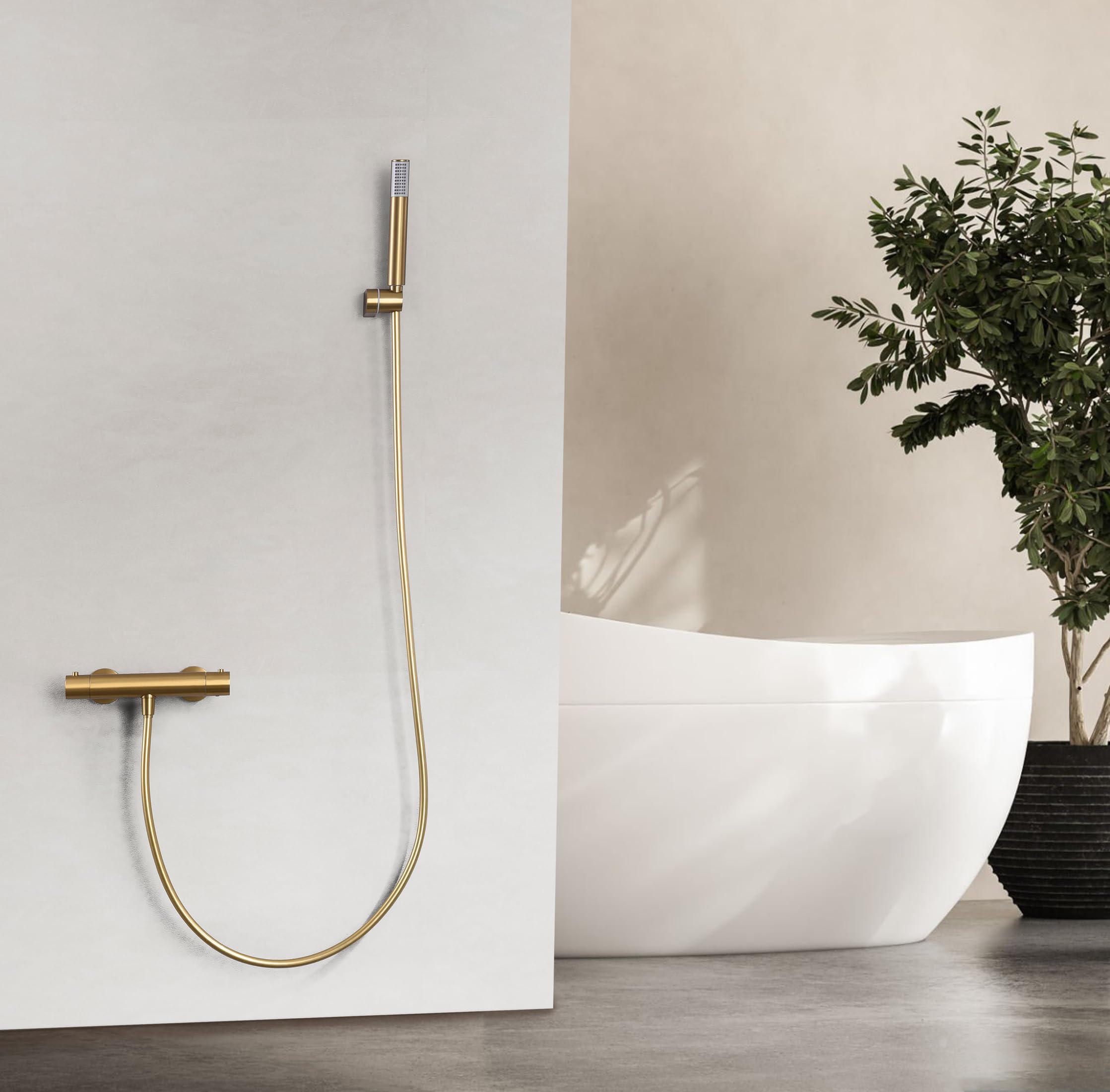 Mice - Grifería termostática para ducha con mango y flexo - Griferia de baño con sistema termostato para regular temperatura del agua de forma automática (Oro Mate)