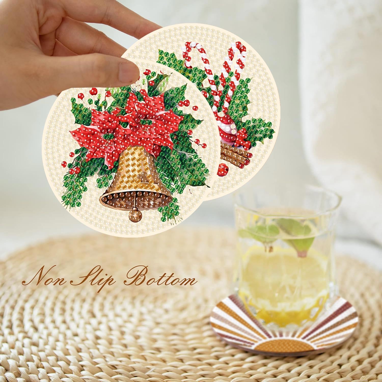 eniref 8 Pcs Christmas Diamond Art Coasters Kits with Holder, Chirstmas Bell Candy Candle Diamond Pinting Coasters Acrylic Cup Coaster with Cork Pads for Tabletop Protection 10×10 CM