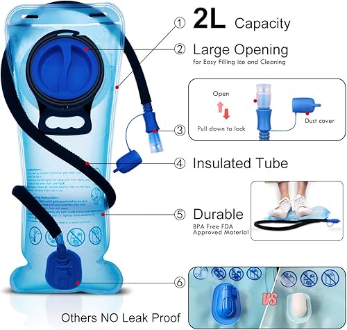 Miniatura 5 de Paquete de hidratación, mochila de hidratación aislada con bolsa de agua de 2 litros sin BPA y almacenamiento, mochila de senderismo para hombres,