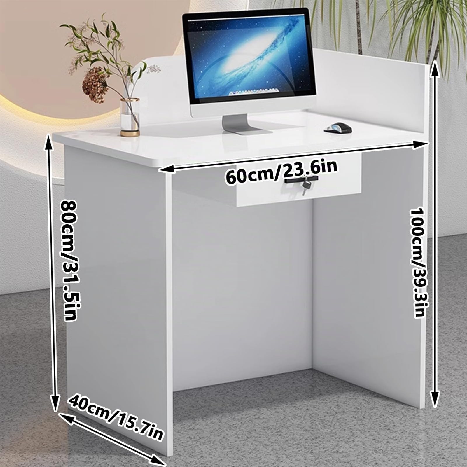 Comptoir d'accueil Blanc Moderne avec Tiroirs Verrouillables et Éclairage LED - Bureau de Réception pour Salon, Hôtel, Bureau, Magasin, Lobby(Beige,60 * 45 * 100cm)