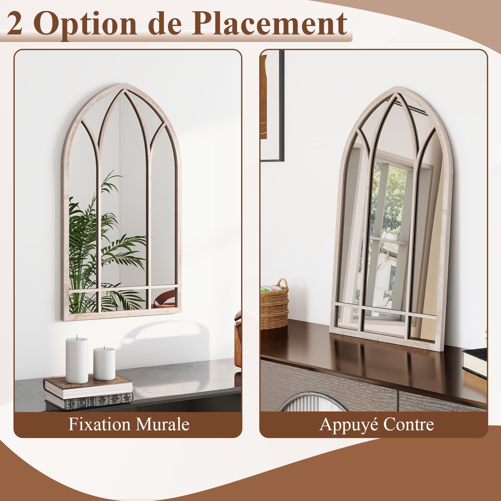 COSTWAY Grand Miroir Mural Arche Exterieur Interieur, Miroir Decoration Murale de Fenêtre, Cadre Métallique, 4 mm Réflexion HD, Matériau Anti-Explosion, pour Salon Entrée Jardin (83 x 48 cm)
