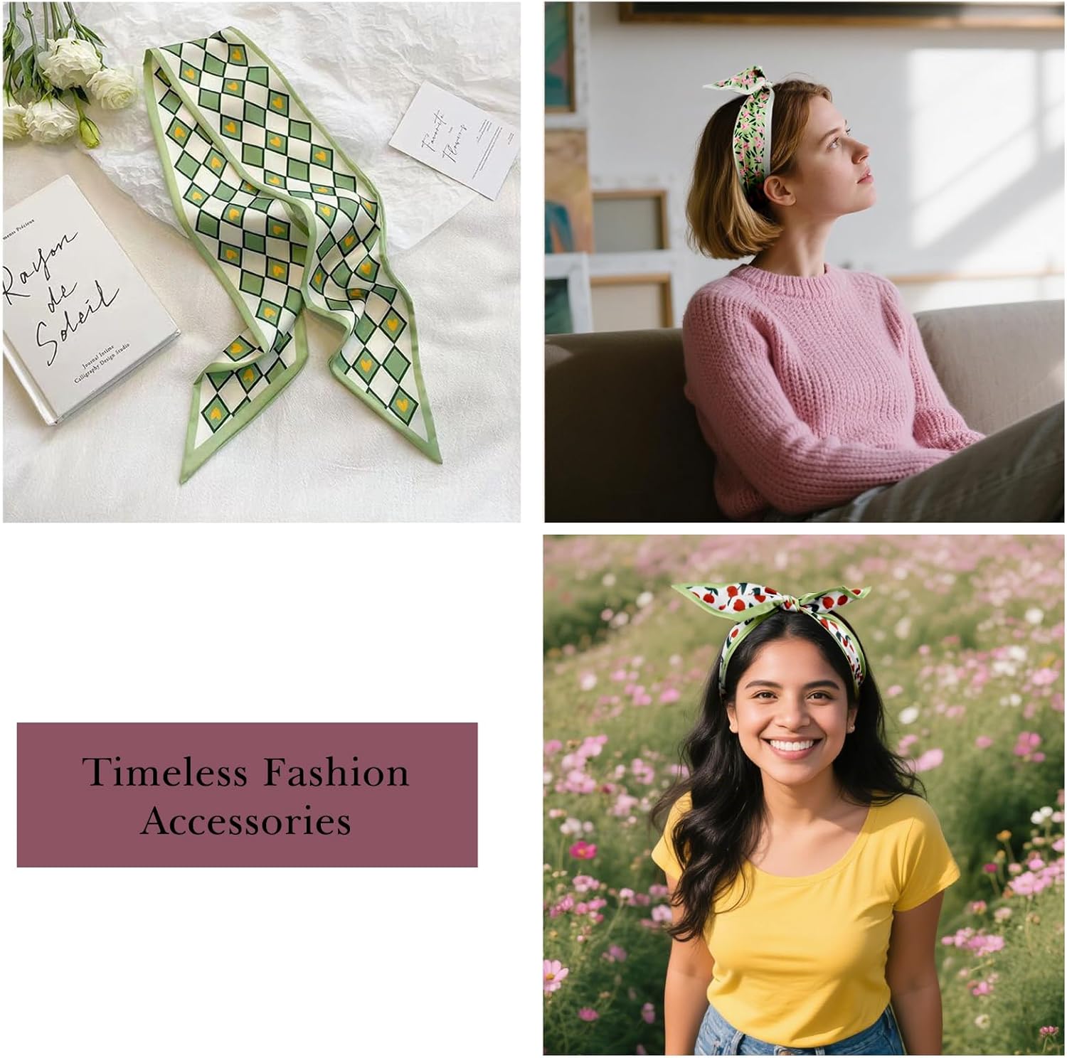 4Pcs Fashion Scarves for Women, Multifunctional Boho Scarves Headbands Satin Scarf for Bag Hair Accessories - Image 4