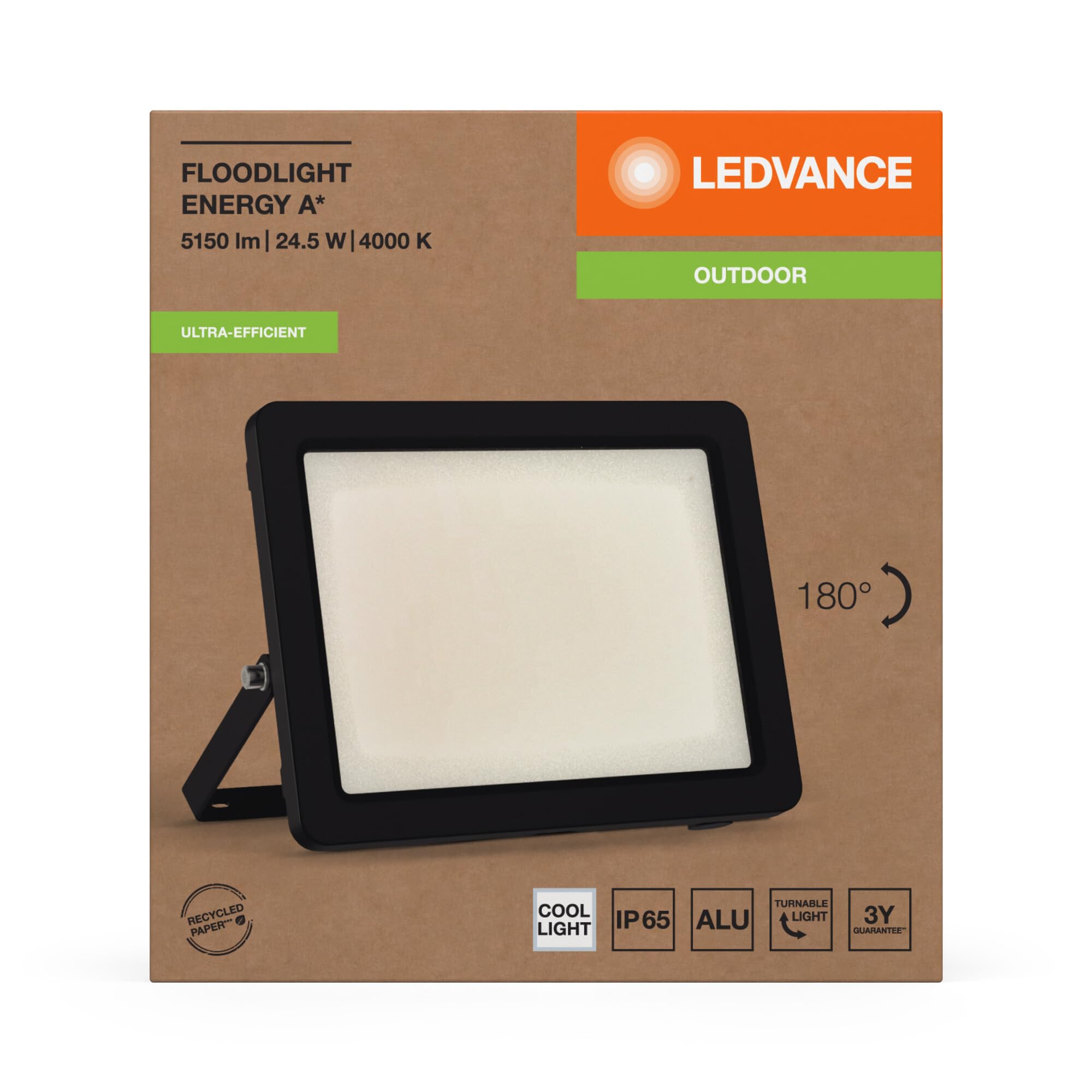 LEDVANCE Proiettore LED con classe di efficienza energetica A, alloggiamento in alluminio nero, 24,5 W, 4600 lm, per applicazioni esterne, design compatto, leggero, facile installazione