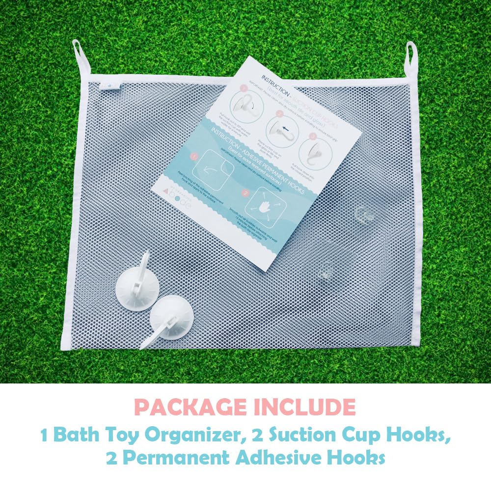 Bath Toy Organizer Includes Suction Cup Hooks and Adhesive Hooks and Tub Toy Mesh Bag White