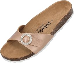 Palado Sila Sahin Women's Malta RD Mules - Comfortable Sandals Made in Spain - Slippers with Round Glitter Buckle - with Cork Footbed