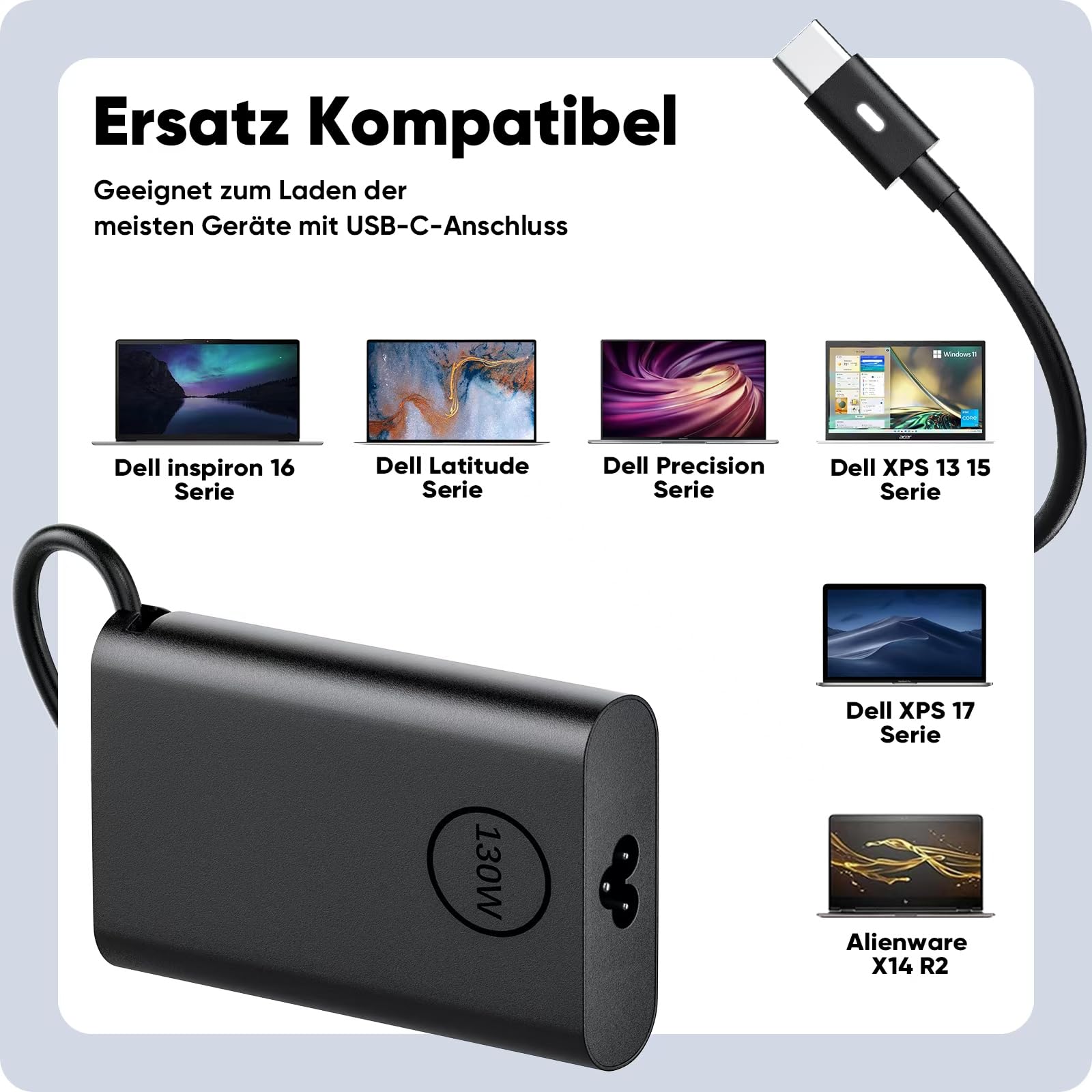130W USB C Netzteil Laptop Ladekabel für Dell XPS 15 2in1 9575 9500 9510 9520 9530 XPS 17 9700 9710 9720 9730 Precision 5530 5550 5560 5570 5750 5760 5770 3560 3550 3551 Latitude 7410 9410 5420 5520