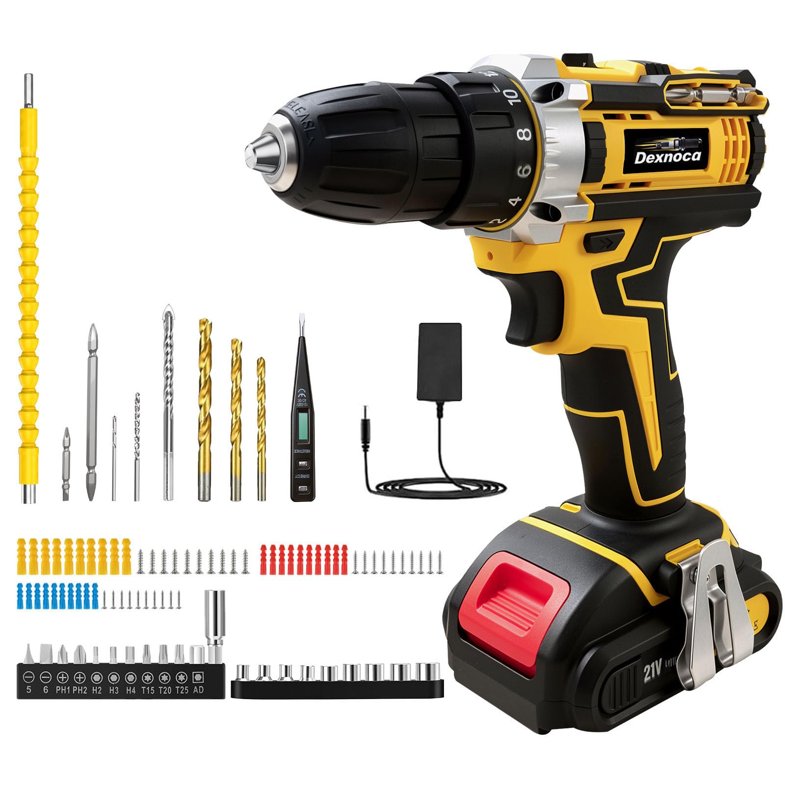 Dexnoca Yellow-1 Battery Cordless Drill 21V, 92Pcs Comprehensive Drilldrivers Kit Battery Power, 45N.m Combi-Drill With 2.0Ah Battery, Charger, 3/8” Keyless Chuck Torque Setting Electric Screwdriver Kit