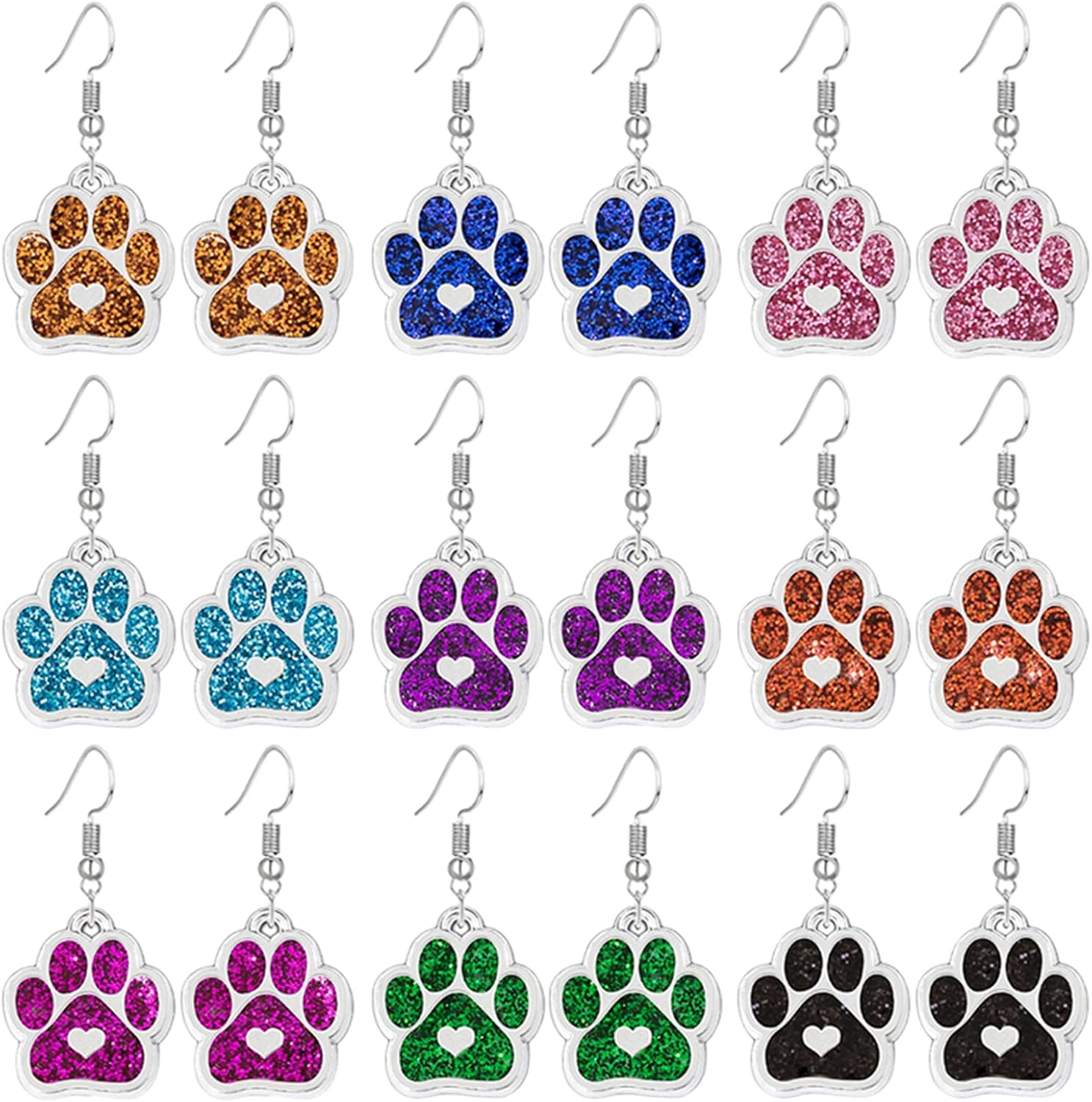 9 Pairs Paw Print Earrings Set for Women Cute Pet Puppy Cat Dog Paw Print Dangle Drop Earrings Dainty Lightweight Sparkling Heart Footprint Earrings Charm Gift For Dog Cat Animal Lover