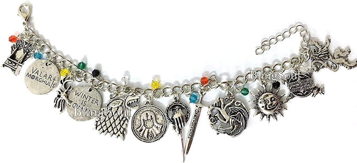 Game 12 Alloy Metal Charms Bracelet - Thrones Themed Costume Chain Christmas Jewelry Merchandise Gift for Women, Metal, no gemstone