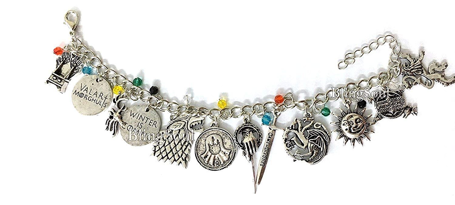 Blingsoul Game 12 Alloy Metal Charms Bracelet - Thrones Themed Costume Chain Christmas Jewelry Merchandise Gift for Women