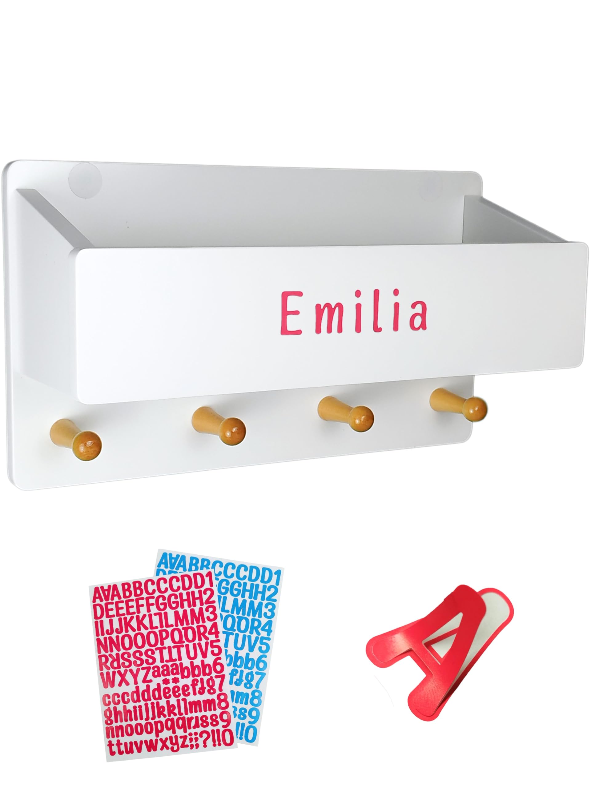 Smart Ideer - Kindergarderobe mit Ablage - Individuell mit selbstklebenden Buchstaben - Wandgarderobe aus Holz - Garderobe mit 4 Haken - Garderobe Kinder mit Ablage