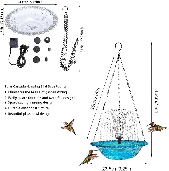 Solar Cascade Hanging Bird Bath Fountain, 2026 New Solar Fountain for Bird Bath, Outdoor Hanging Bird Bath with Solar Fountain for Outdoor Garden Backyard Patio Lawn Wildlife Feeder - 5