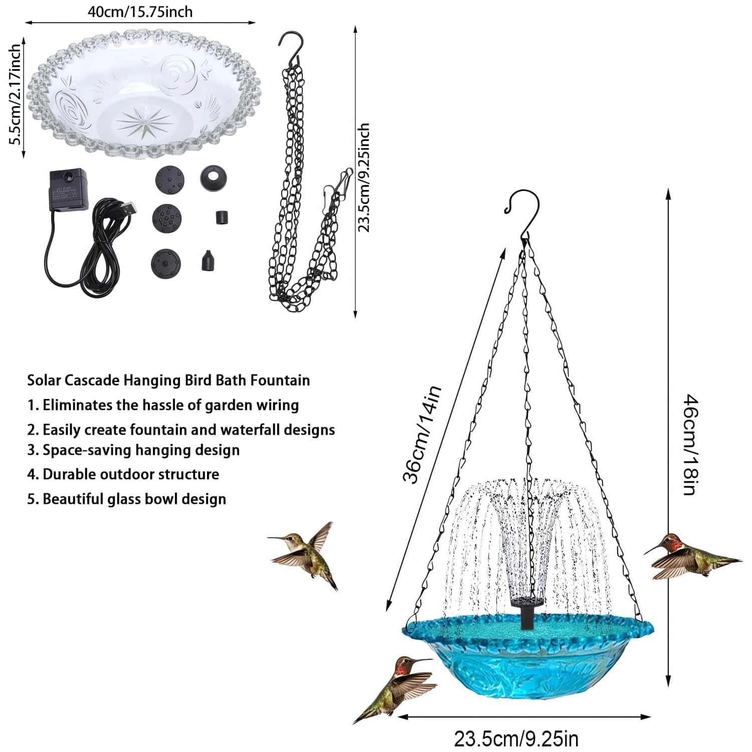 Solar Cascade Hanging Bird Bath Fountain, 2026 New Solar Fountain for Bird Bath, Outdoor Hanging Bird Bath with Solar Fountain for Outdoor Garden Backyard Patio Lawn Wildlife Feeder — view 5