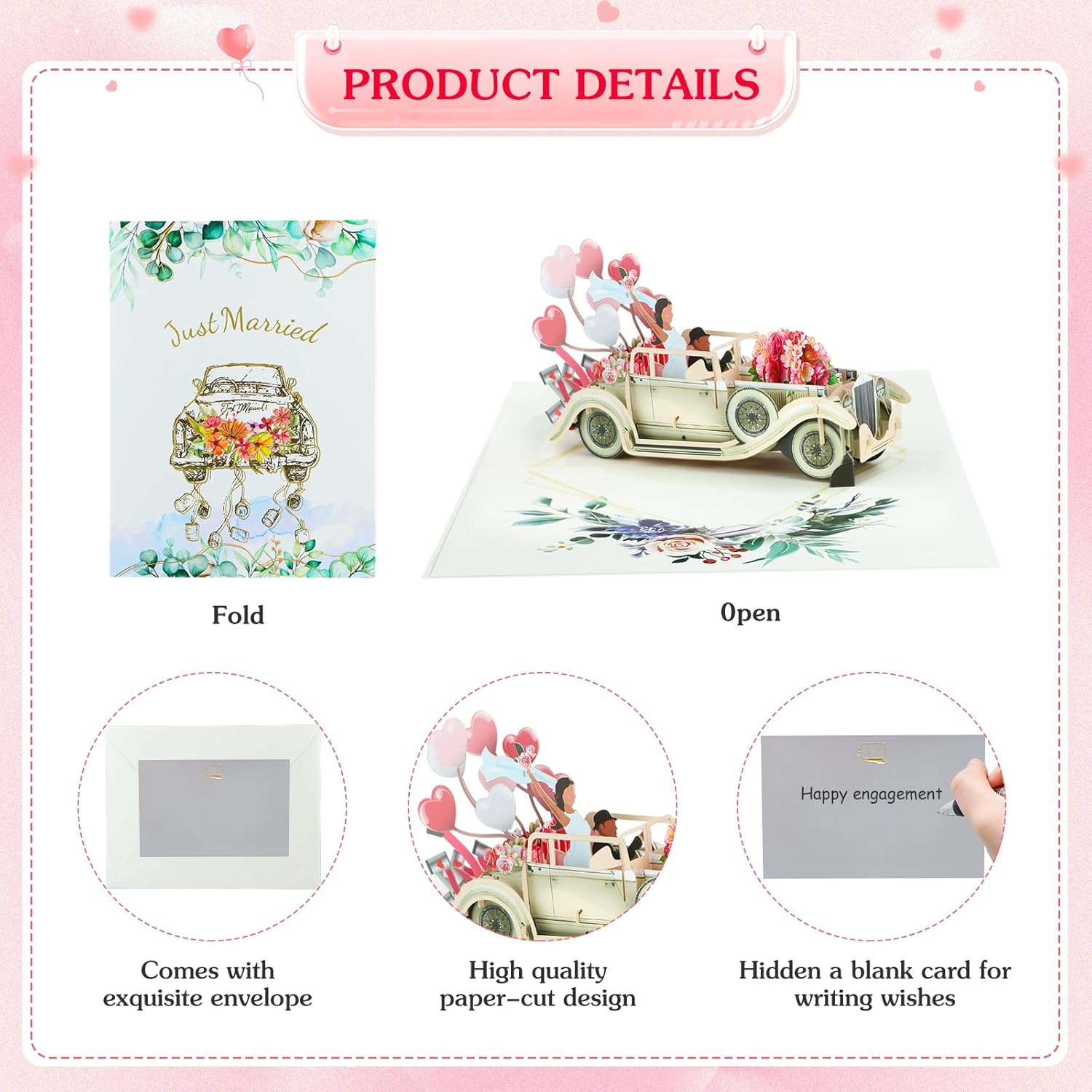 3D Car Wedding Card - Pop Up Wedding Car Wedding Anniversary Card Wedding Shower Wedding Gift Cards Just Married Gifts for Newlywed Couple - Image 3