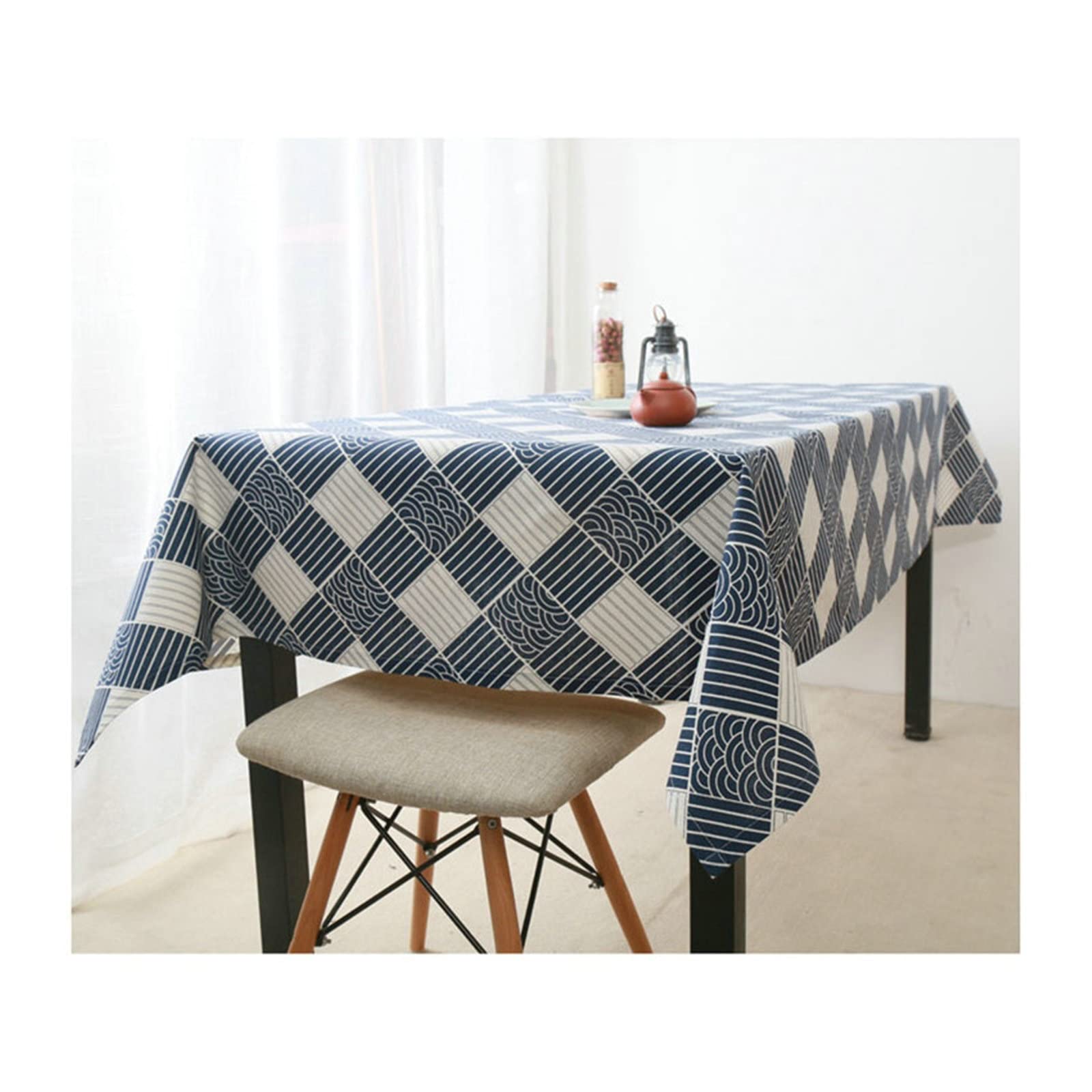 Aeici Tavolo da pranzo che copre le tovaglie rettangolari per la sala da pranzo in cotone reticolo, blu bianco 140X220cm