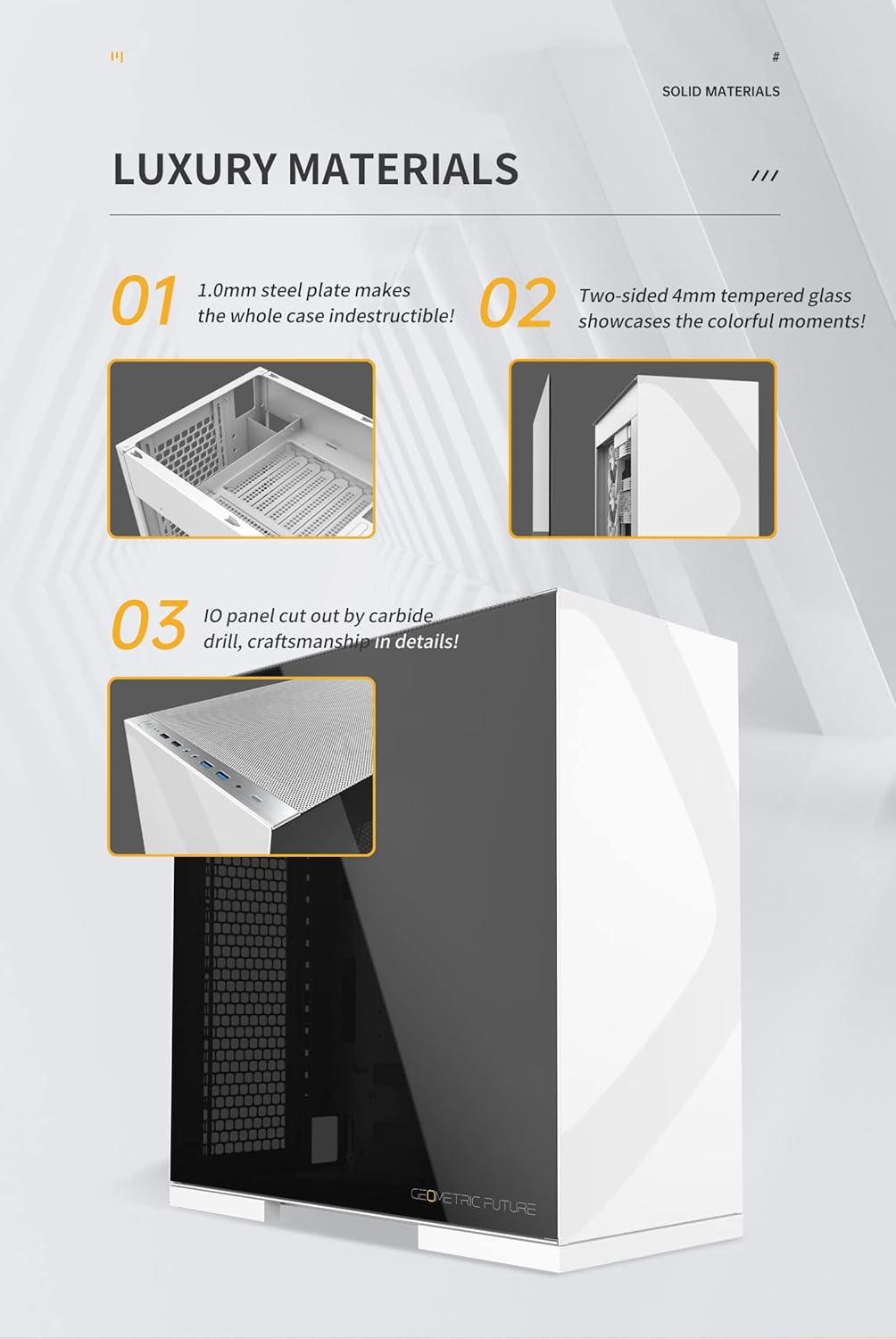 Geometric Future M8 Lohan White Mid Tower E-ATX/ATX Gaming Case, 4mm Glass/ 1.0 mm Steel with Vertical Air Tunnel Design, Support 420/360 Radiator, Vertical GPU Mount, GEO-M8-LOW (PC Case ONLY)