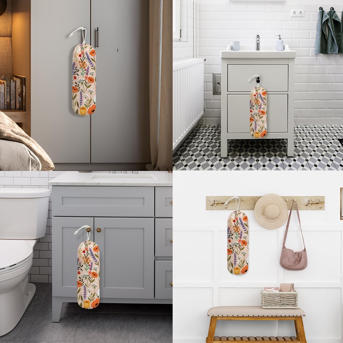 Floral Washable Plastic Bag Holder, Reusable Wall Mount Grocery Bag Organizer for Home Kitchen Pantry Decor, Free Adjustment with Drawstring, Housewarming Gifts for Women Mom Grandma