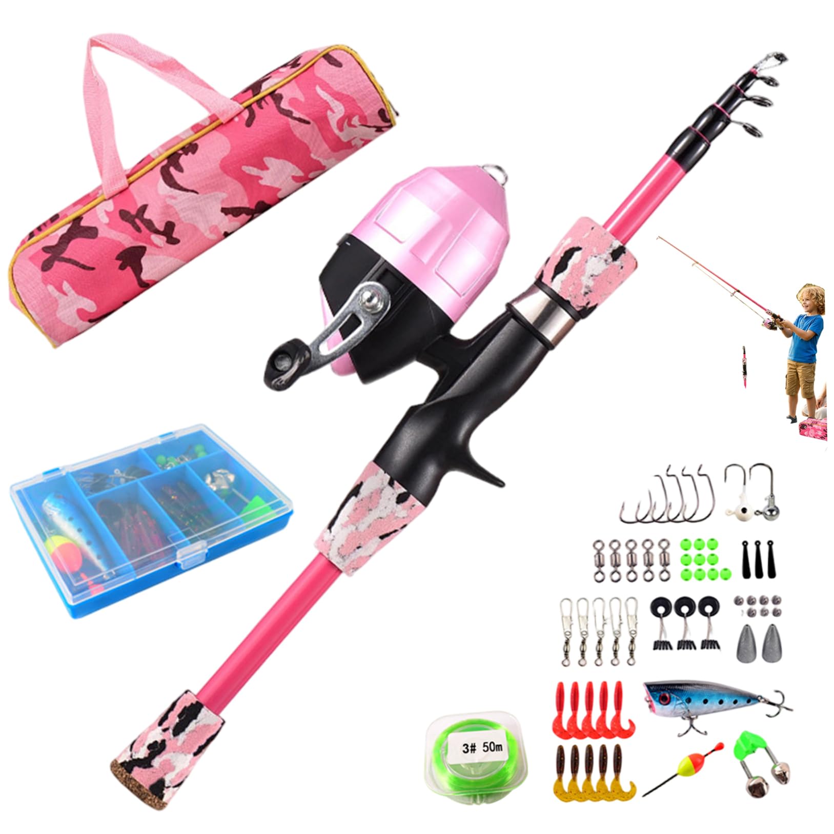 Caña de pescar para niños, kit completo de pesca para principiantes con poste telescópico, caja de aparejos, carretes y bolsa para pescadores jóvenes, equipo de pesca de 1,5 m para niños