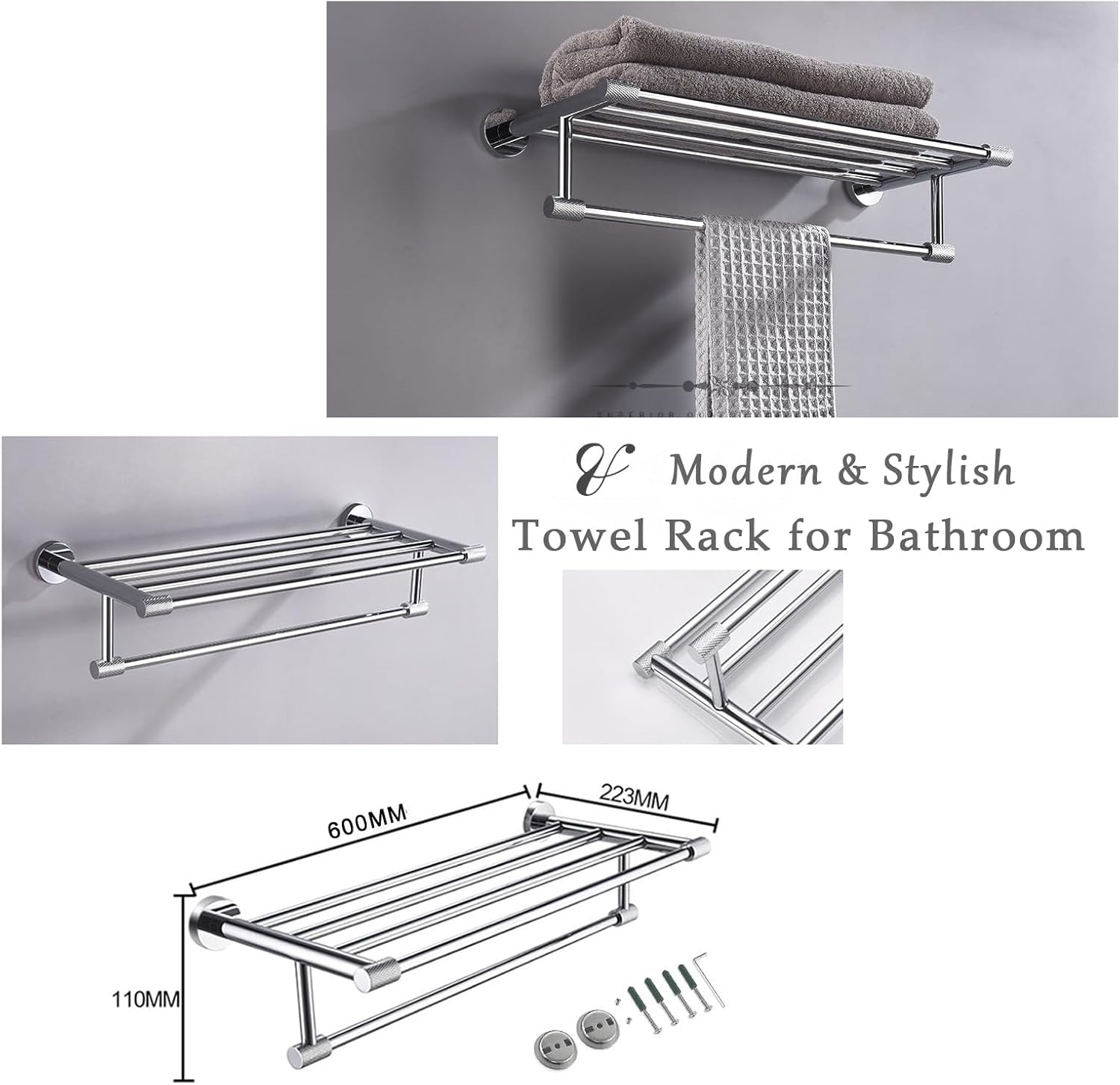 24 Inch Towel Racks for Bathroom Wall Mounted, Rust-Resistant 304 Stainless Steel & Chrome Finish, Stylish Knurled Design for Home, Hotel & Apartment