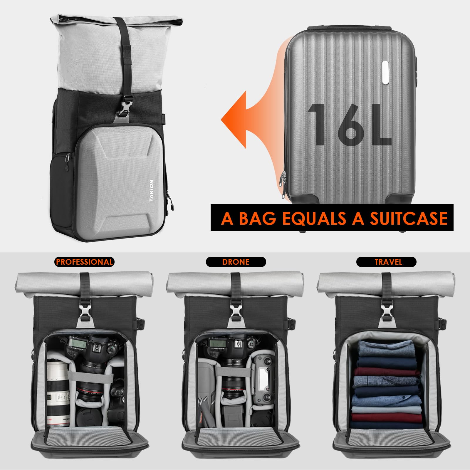 TARION Rolltop Mochila Cámara con Hardshell - Gran Bolsa Fotográfica con Funda Portátil 16 Pulgadas y Acceso Lateral Rápido - Mochila Fotografía DSLR con Cubierta Impermeable Soporte Trípode Gris XH