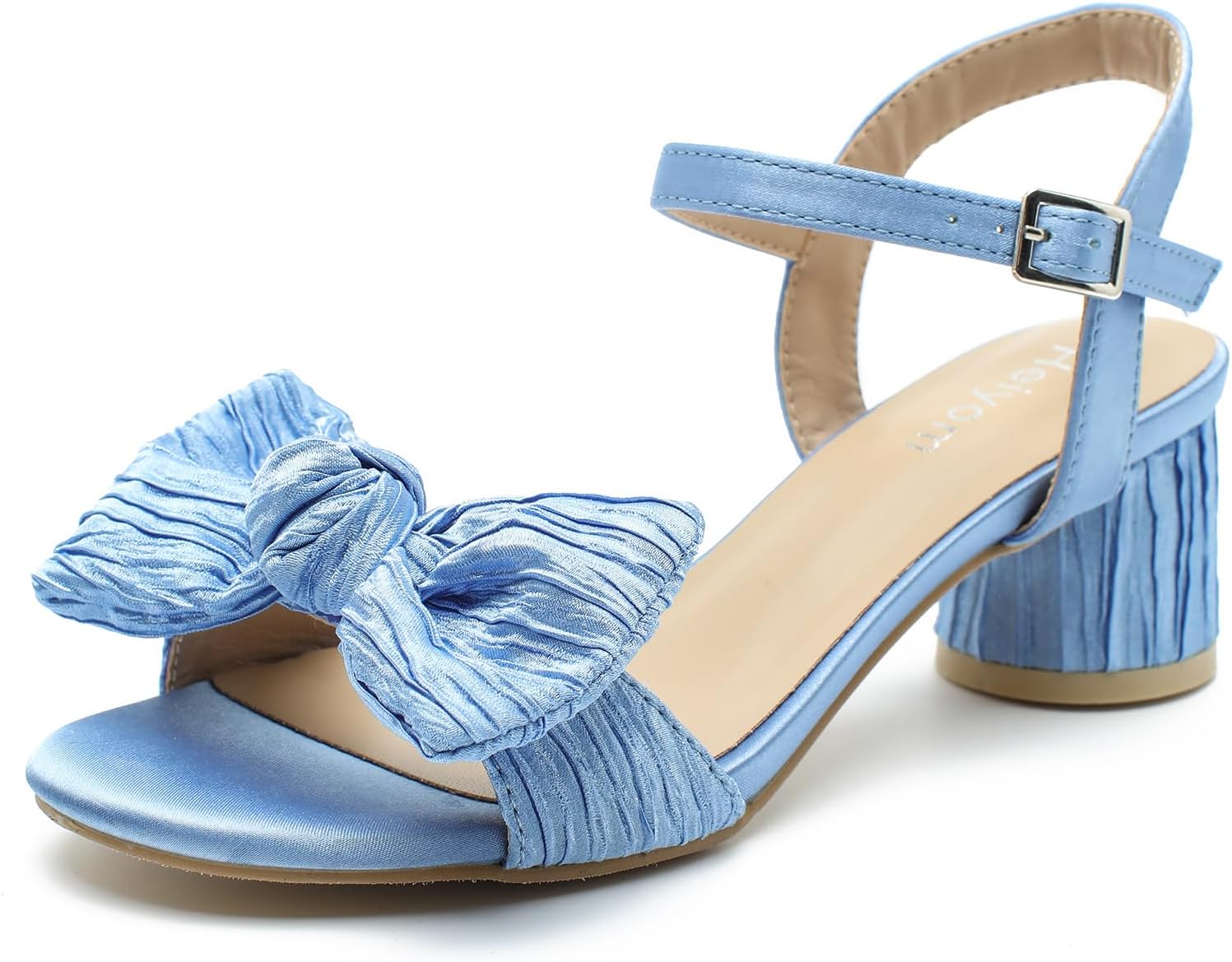 Women's Bowknot Low Chunky Heels Mules Sandals Slip on Pleated Bow Heels Wedding Bridal Party Dress Shoes