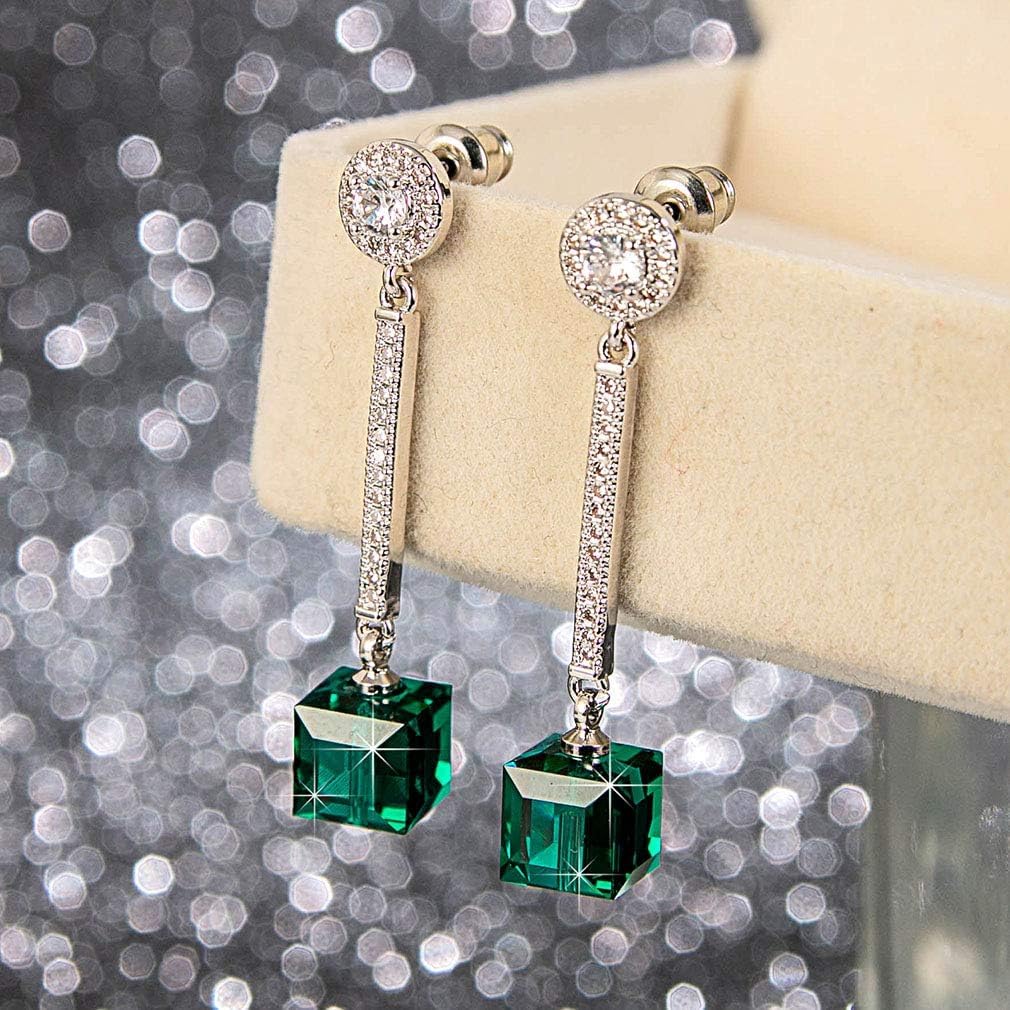 Cube Austrian Crystal Drop Long Dangle Earrings for Women 925 Sterling Silver Post Hypoallergenic Jewelry - Image 5