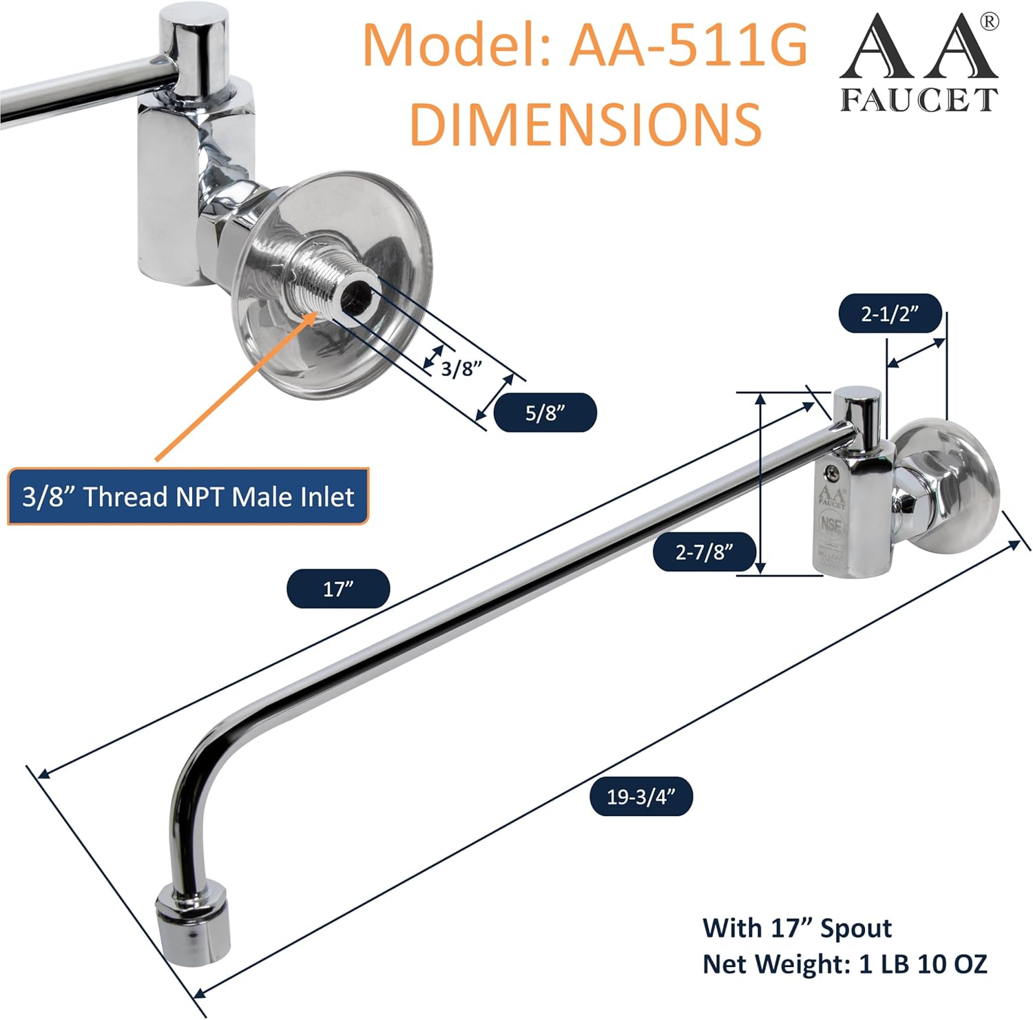 Wok Range Center-On Automatic Faucet with 17" Spout & 3/8" Male Inlet for Restaurant Kitchen AA-511G (3/8" Inlet 17" Spout)