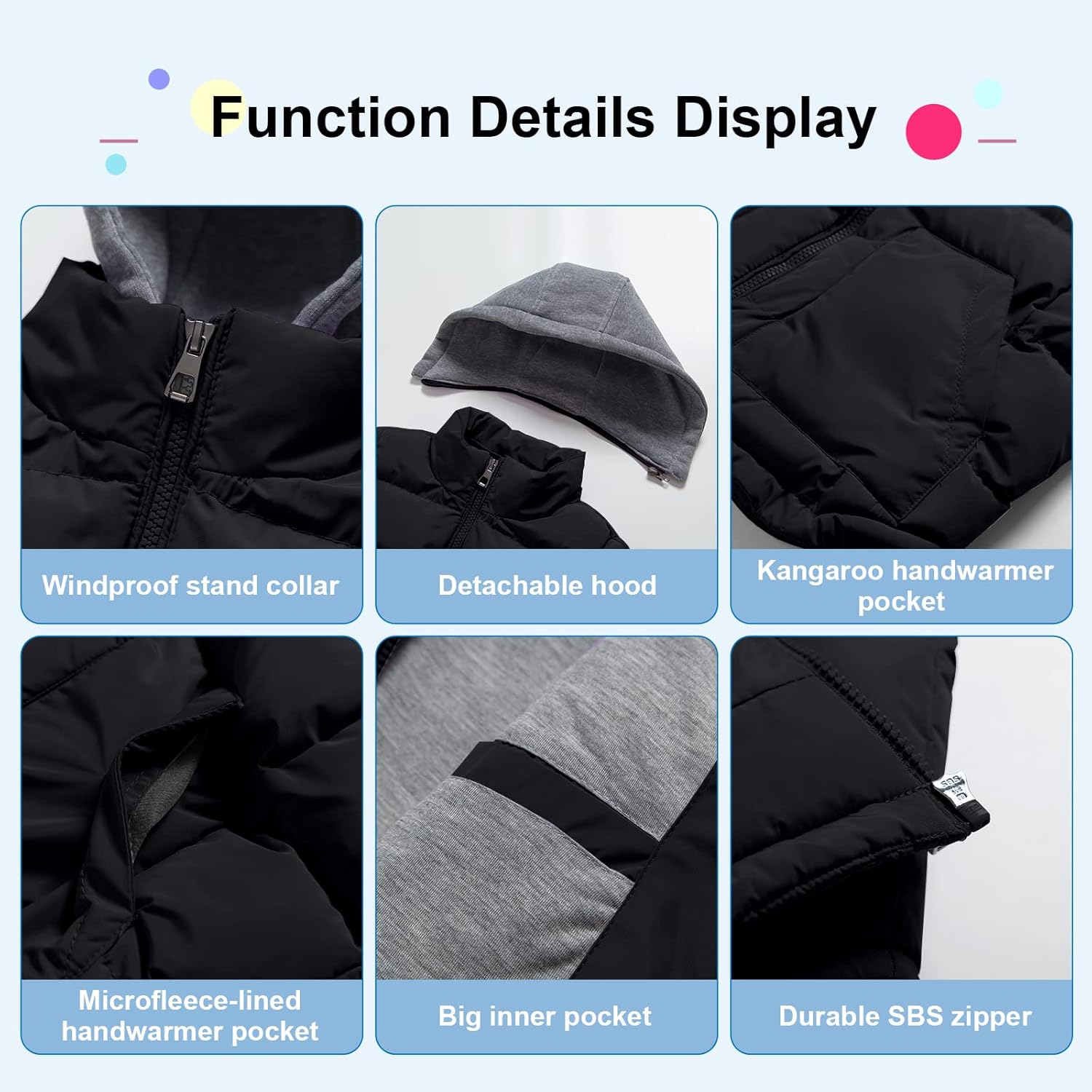 Pursky Girl's and Boy's Warm Puffer Vest Coat Water Resistant Sleeveless Jacket With Detachable Hood for 6-14Y - Image 5