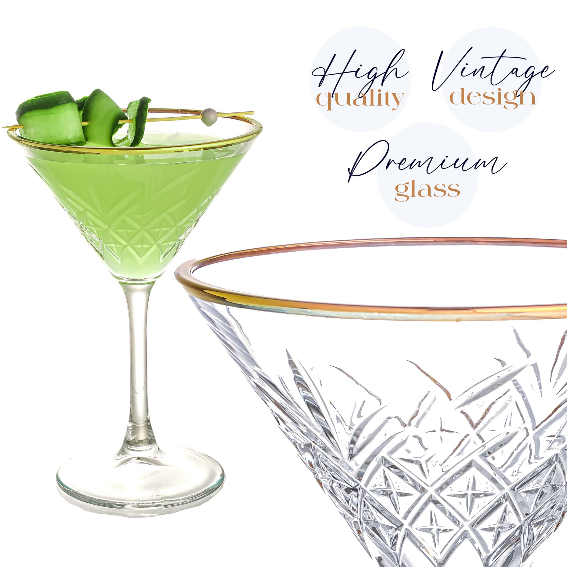 GOSOYO Set of 4 Vintage Martini Glasses (7.7oz/230ml). Gold Rimmed Cocktail Glasses, Espresso Martini Glasses, Margarita Glasses, Prosecco Glasses, Coupe Glasses, Champagne Glasses with Long Stem - Image 4