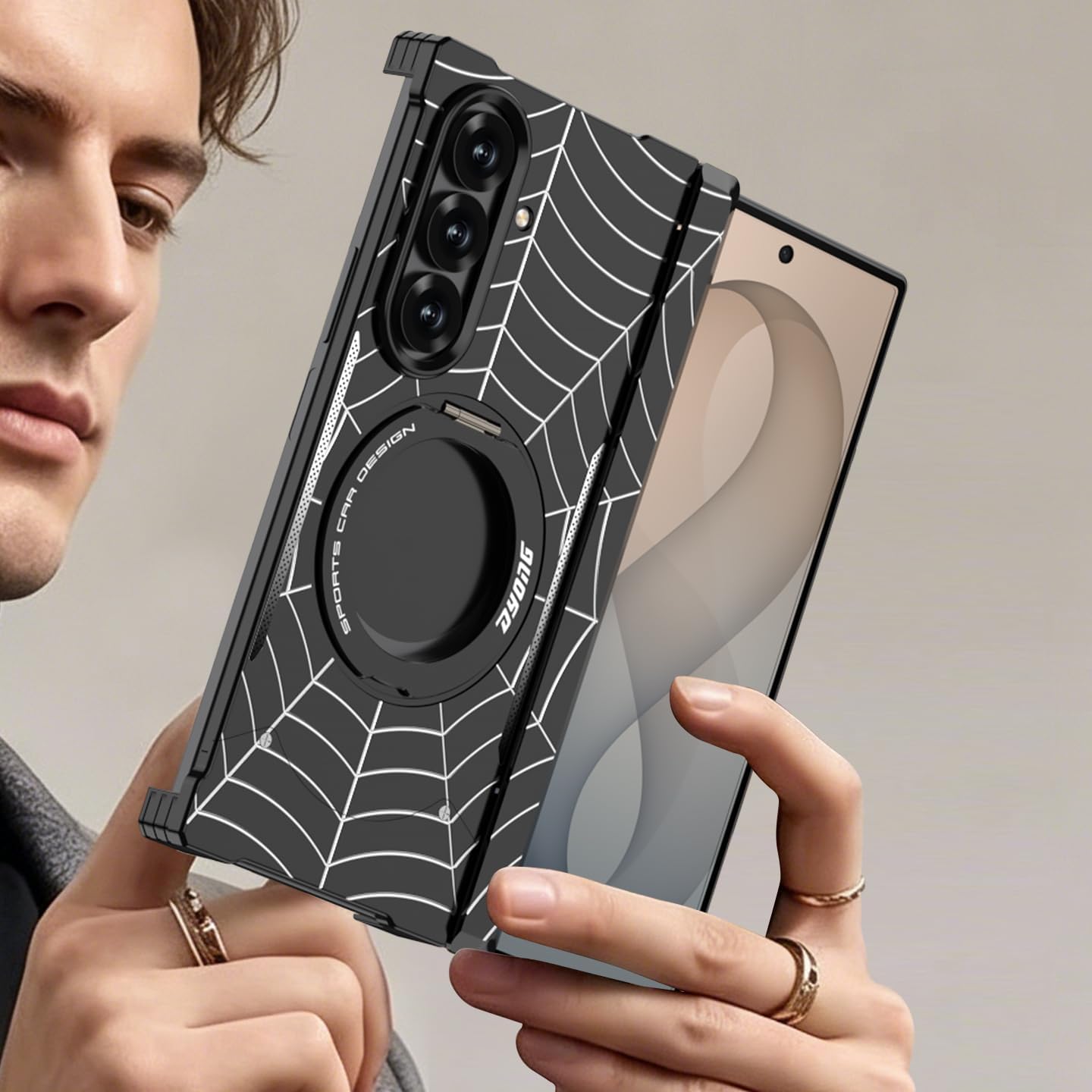 Metal Spider Web Case for Samsung Galaxy Z Fold 8 Ultra, Hinge Full Protection Magnetic Rotatable Ring Kickstand, Mechanical Armor Borderless Heat Dissipation Shockproof Protective Cover (Gray)