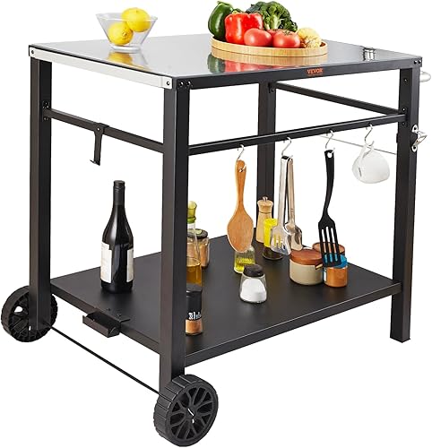 Miniatura 10 de VEVOR Carrito de parrilla al aire libre con doble estante, mesa de preparación de alimentos movible para barbacoa con mantel individual de PVC, mesa