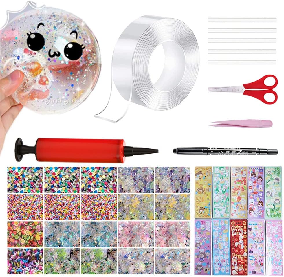 40 Pcs Nano Bubble Tape Kit with Balloon Inflator, Double Sided Tape Plastic Bubbles Balloon, Elastic Nano Bubble Tape DIY Craft Kit for Girls, Boys, Kids Party Favors and Novelty Toys - INCOMPLETE 