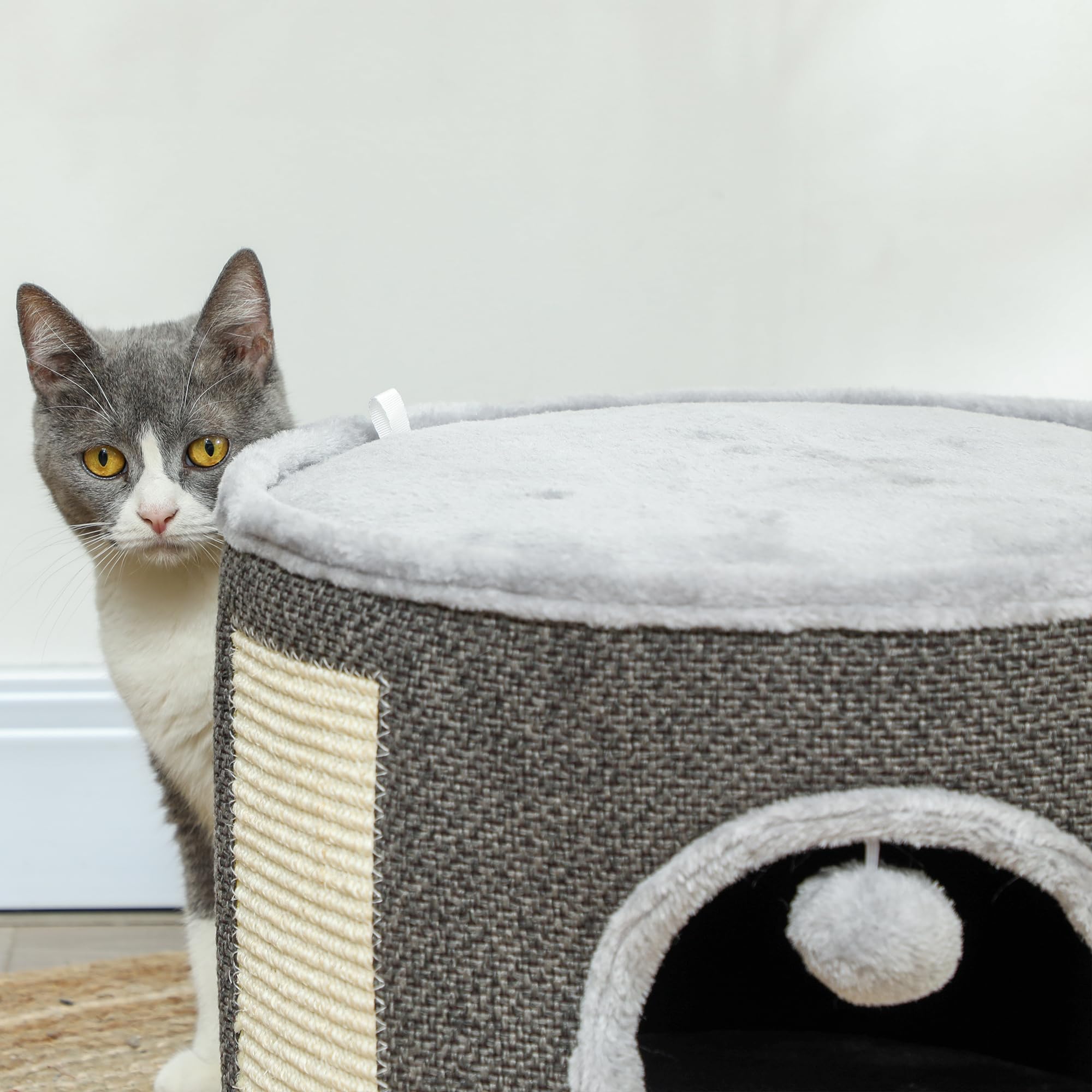 PawHut Tazzone tiragraffi alto 30 cm con grotta albero tiragraffi in sisal per gatti fino a 5 kg, bianco crema