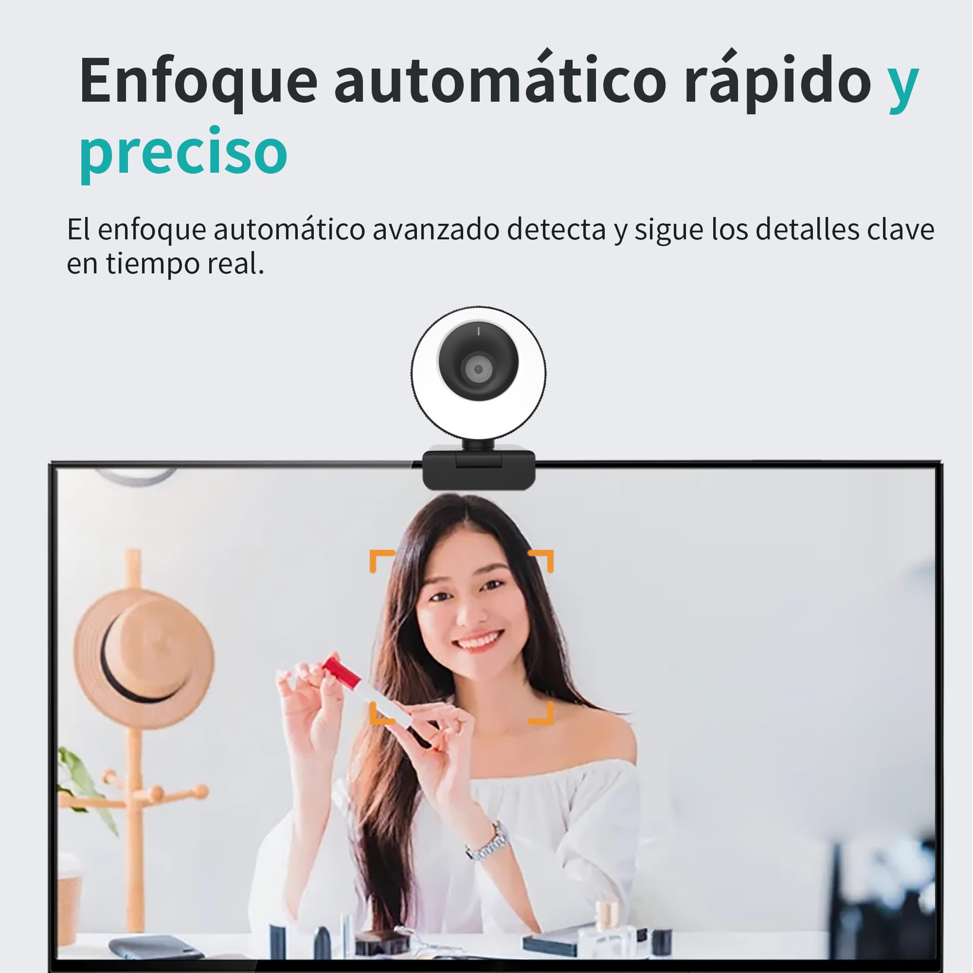 Webcam 1080P 60FPS con Micrófono, Aro de Luz, Enfoque Automático, 3 Modos de iluminación con Regulación Continua de Brillo para Videoconferencias en PC, Mac, Portátil y Tablet